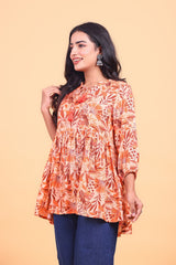 Brown Floral Printed Tie-Up Flared Top