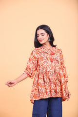 Brown Floral Printed Tie-Up Flared Top