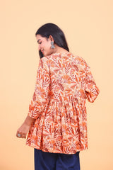 Brown Floral Printed Tie-Up Flared Top