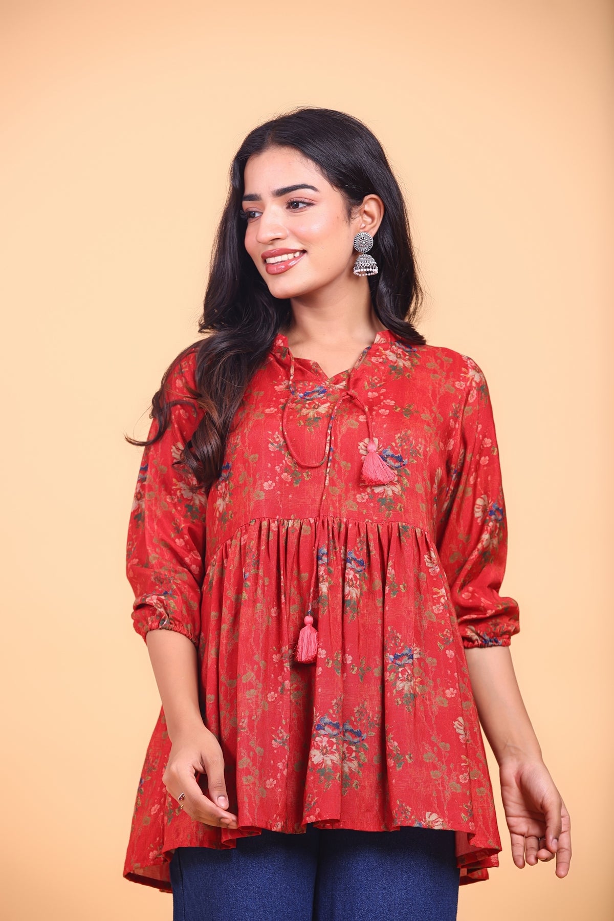 Deep Red Floral Printed Tie-Up Flared Top