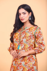 Brown Paisley Printed Embroidered Dress