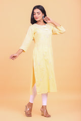 Light Yellow Embroidered Cotton Dobby Kurta with Tassels