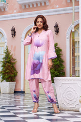 Lavender Digital Print Crepe Co-ord Set with Pleated Pants