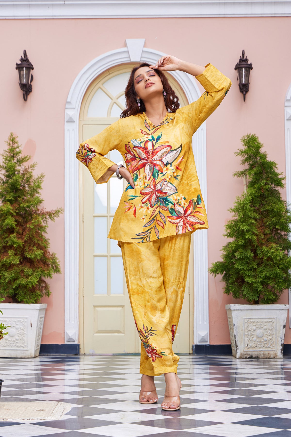 Mustard Digital Print Crepe Co-Ord Set with Kantha Details