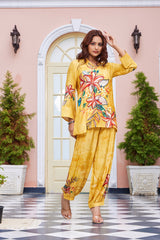 Mustard Digital Print Crepe Co-Ord Set with Kantha Details