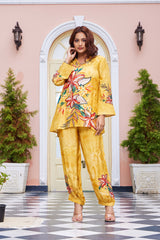 Mustard Digital Print Crepe Co-Ord Set with Kantha Details