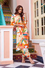 Multicolor Printed Crepe Co-ord Set with Shell Lace Detail