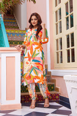 Multicolor Printed Crepe Co-ord Set with Shell Lace Detail