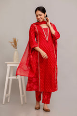 Pure Cotton Printed Embroidered 3PC Kurta Set