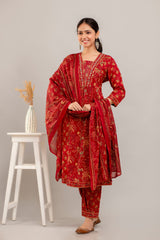 Pure Cotton 3Pc Printed Zari and Sequence Work Kurta Set