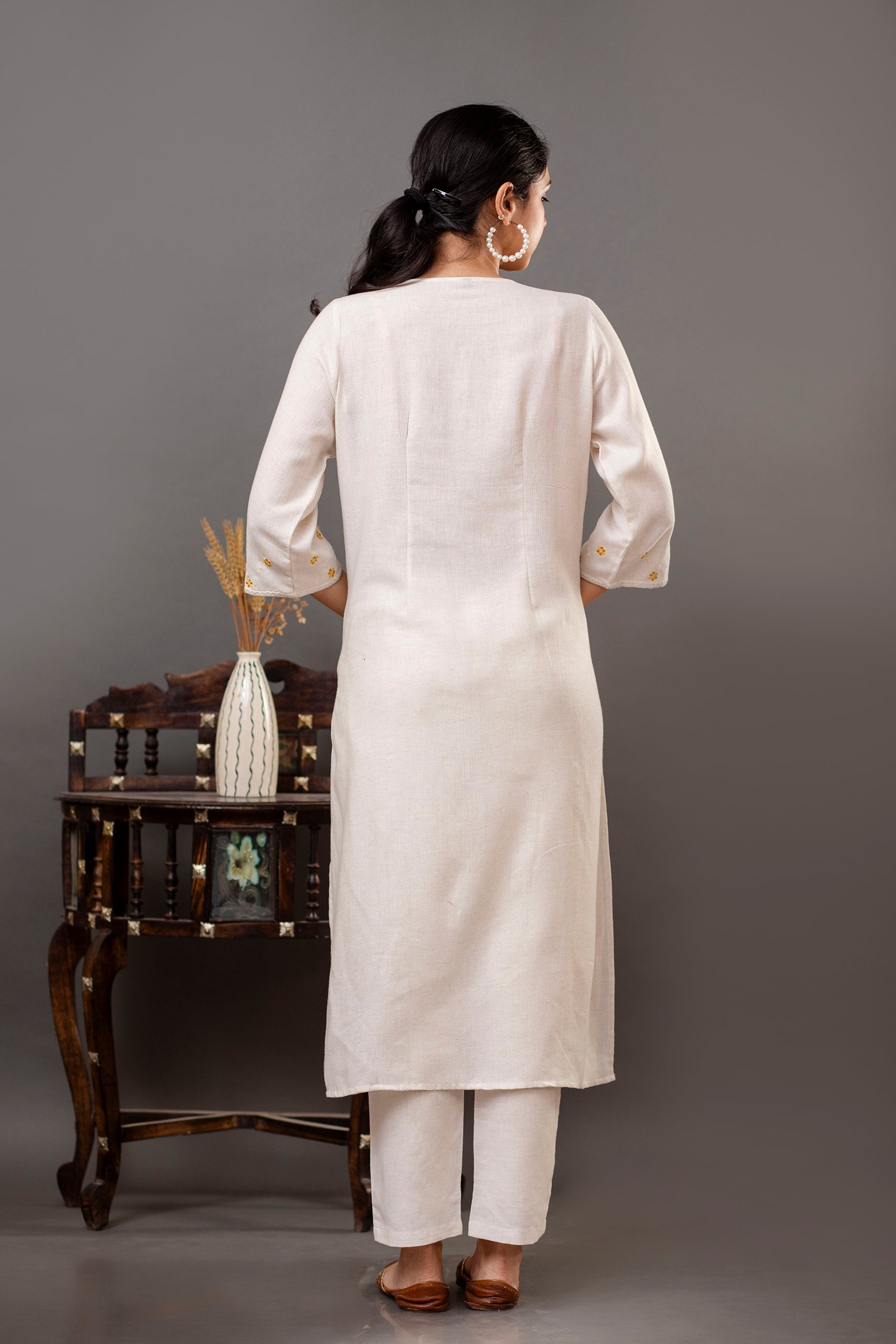 Cotton Flex Off-White Kurta Pant Dupatta Set with Floral Embroidery