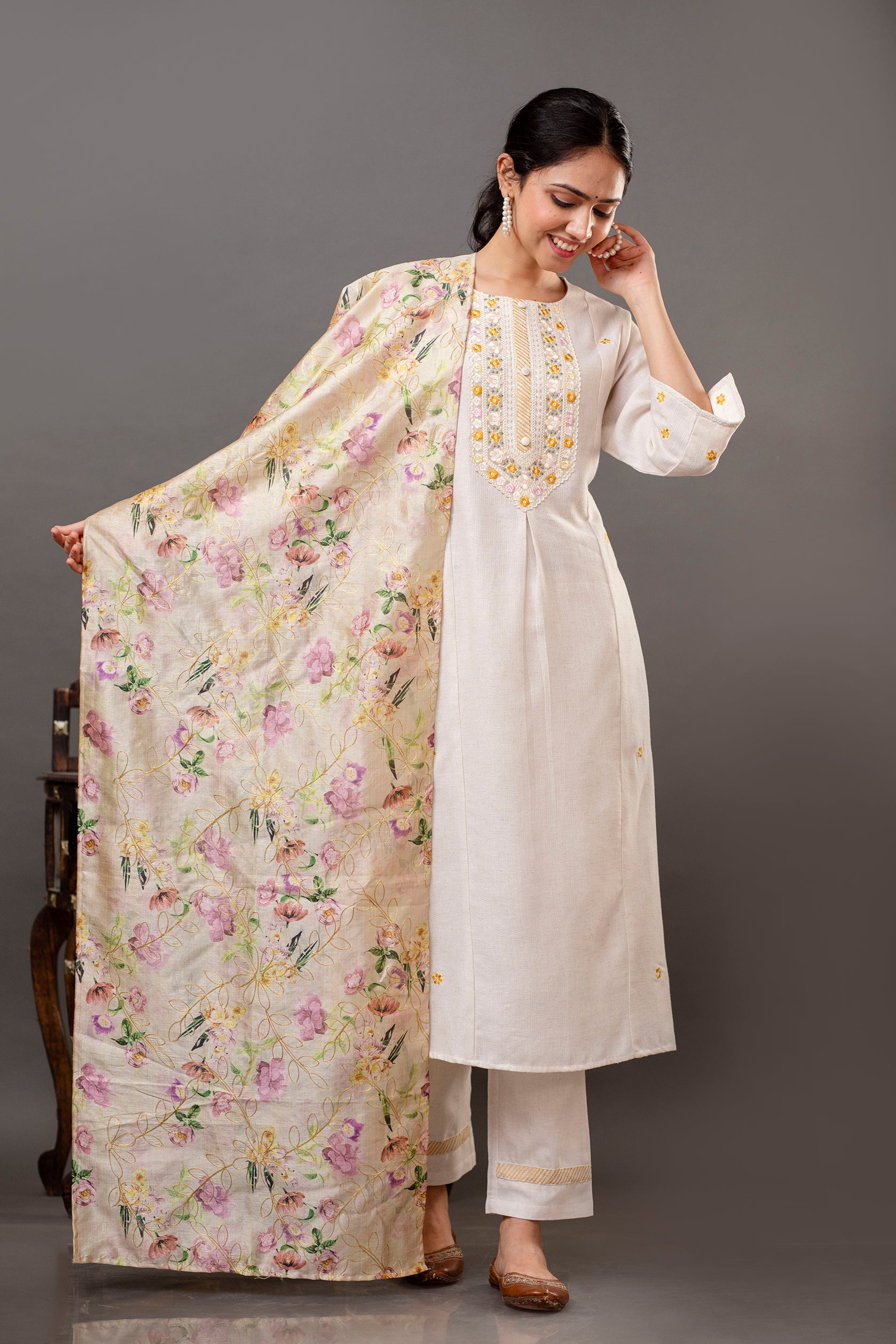 Cotton Flex Off-White Kurta Pant Dupatta Set with Floral Embroidery