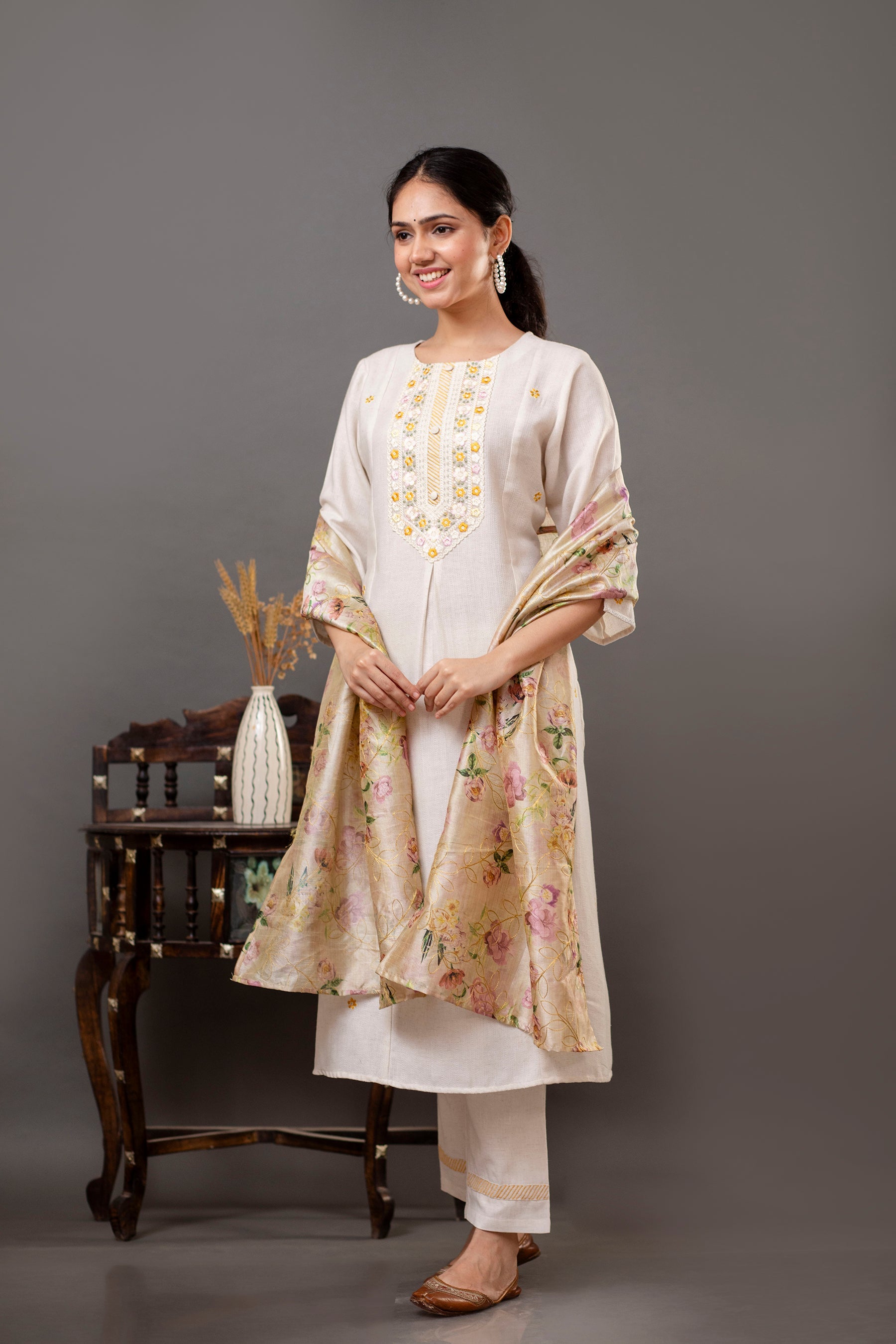 Cotton Flex Off-White Kurta Pant Dupatta Set with Floral Embroidery