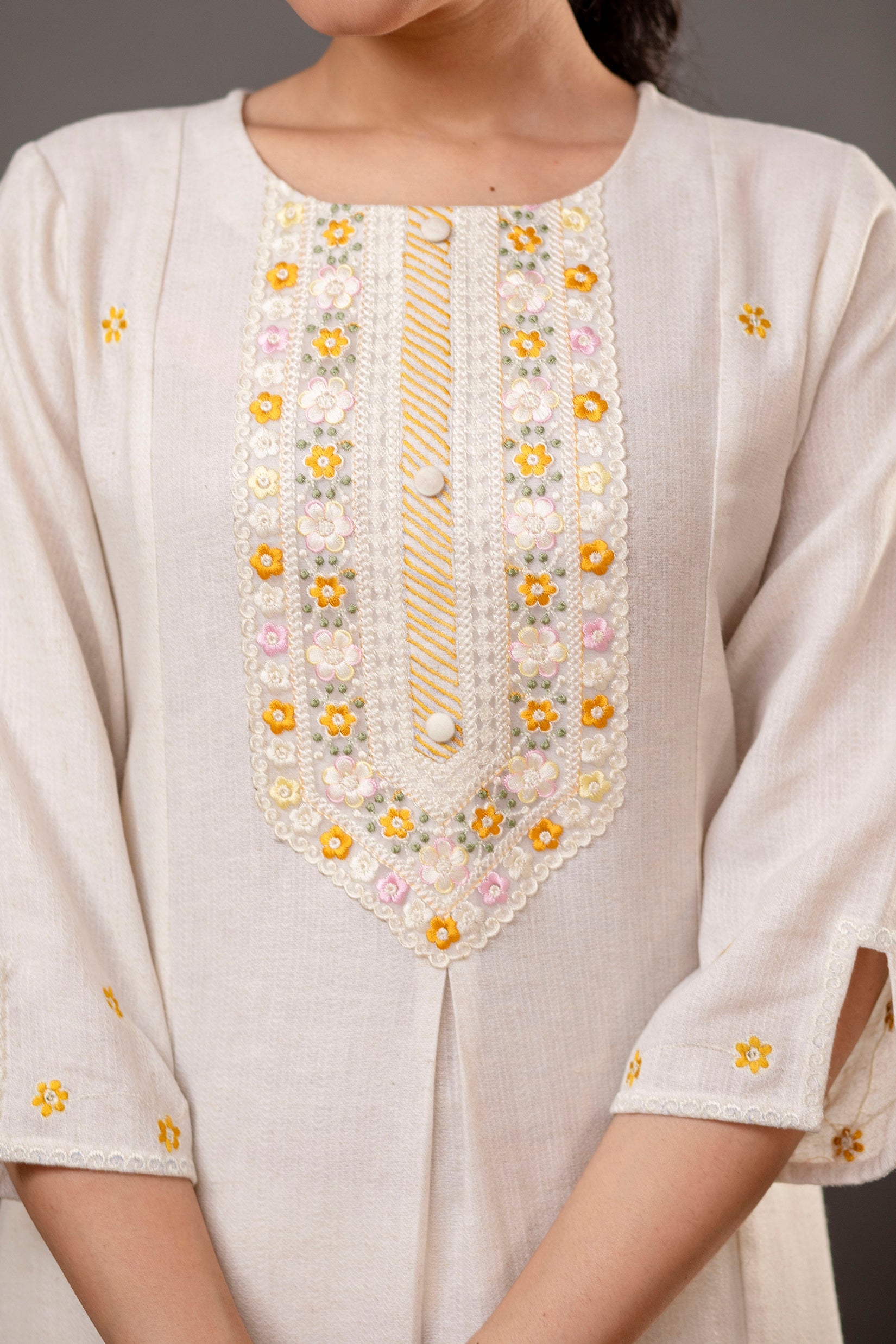 Cotton Flex Off-White Kurta Pant Dupatta Set with Floral Embroidery