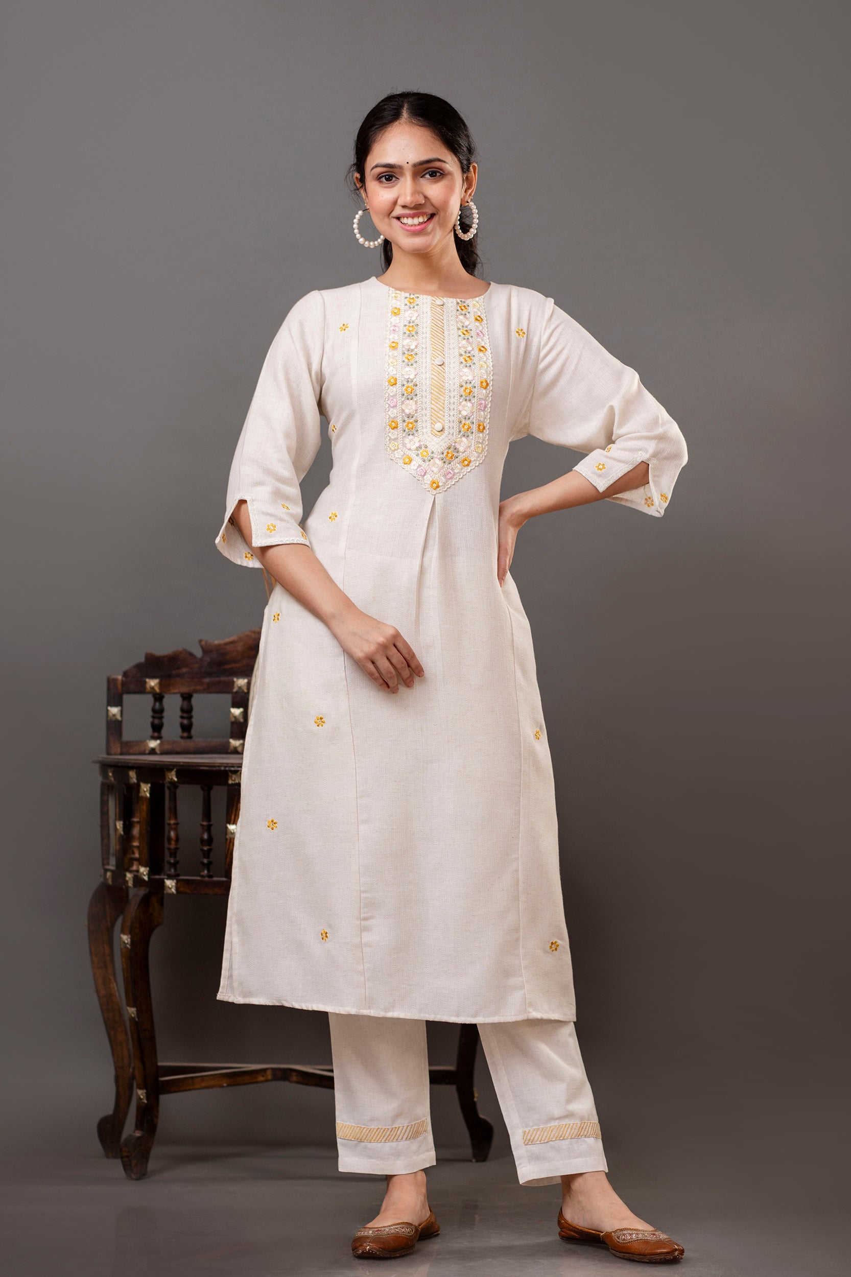 Cotton Flex Off-White Kurta Pant Dupatta Set with Floral Embroidery