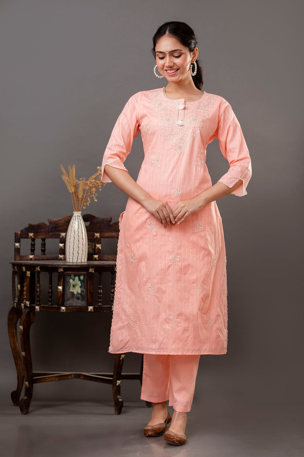 Cotton Dobby Kurta Pant Set with Embroidery Details