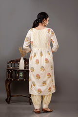 Off-White Cotton Printed 3Pc Kurta Set with Balloon Pants