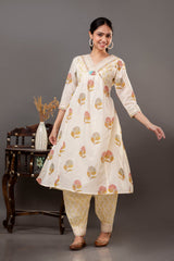 Off-White Cotton Printed 3Pc Kurta Set with Balloon Pants