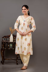Off-White Cotton Printed 3Pc Kurta Set with Balloon Pants