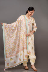 Off-White Cotton Printed 3Pc Kurta Set with Balloon Pants