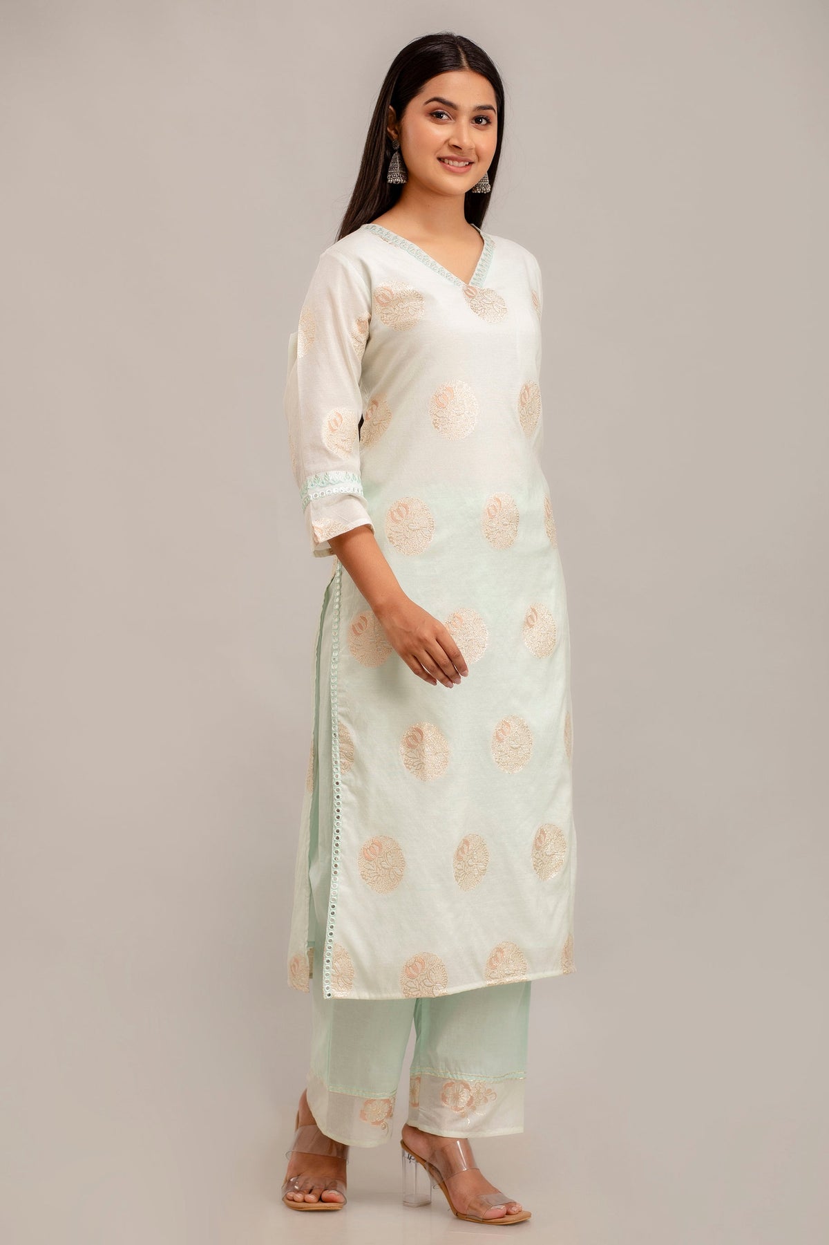 Mint Green Jacquard Chanderi Kurta & Cotton Pant Set