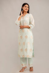 Mint Green Jacquard Chanderi Kurta & Cotton Pant Set