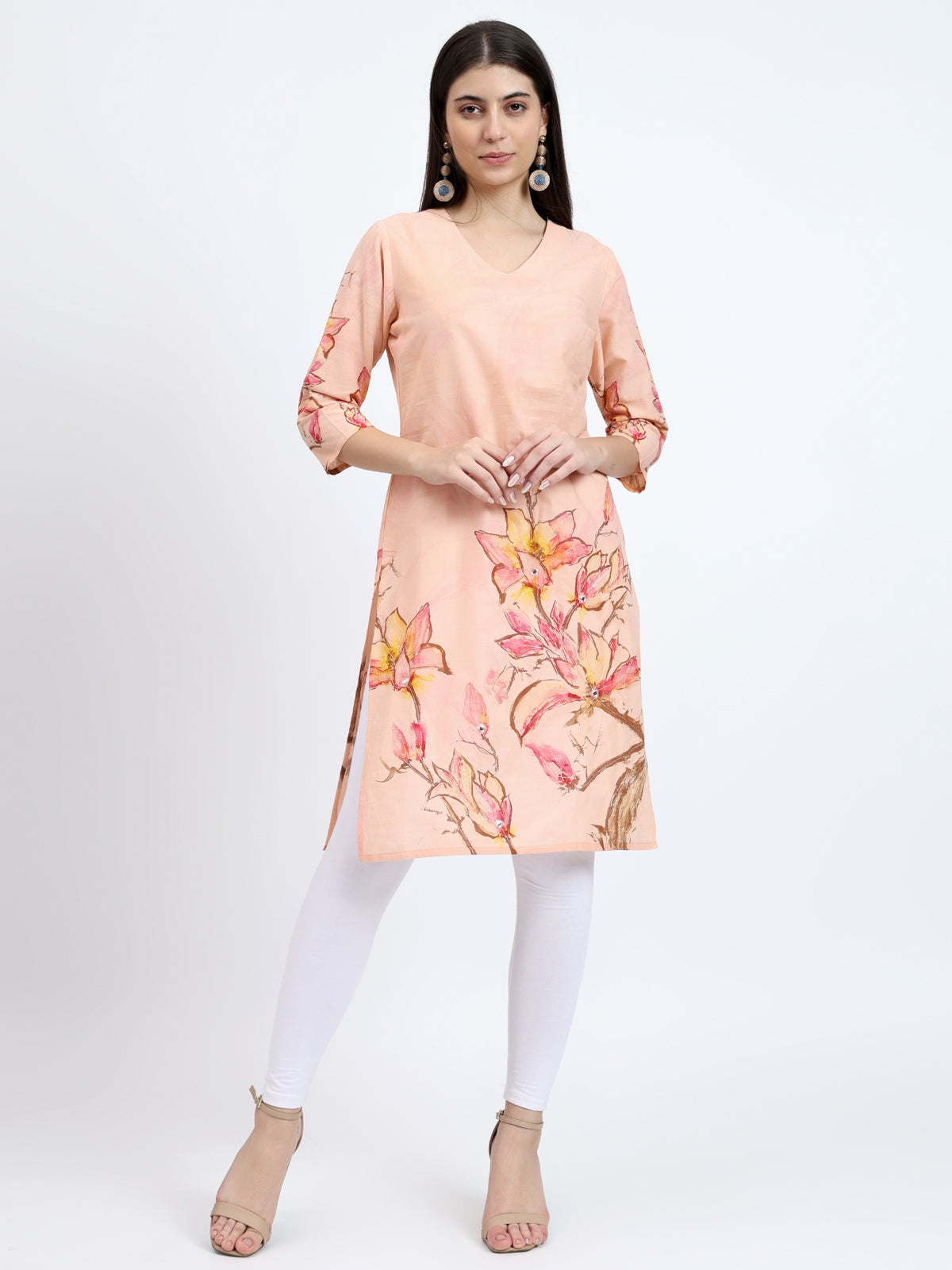 Cotton Floral Printed Kurta with Mirror Work