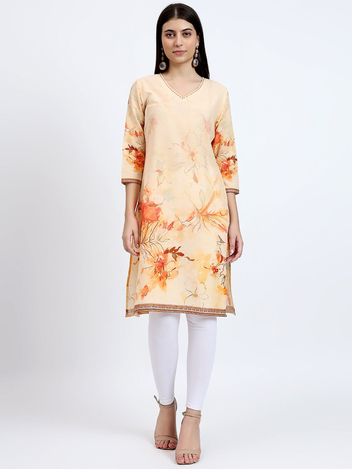 Printed V-Neck Cotton Kurta with Kantha Detail