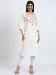 Off-White Embroidered Cotton Satin Kurta with Dori and Tassels