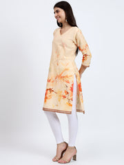 Printed V-Neck Cotton Kurta with Kantha Detail