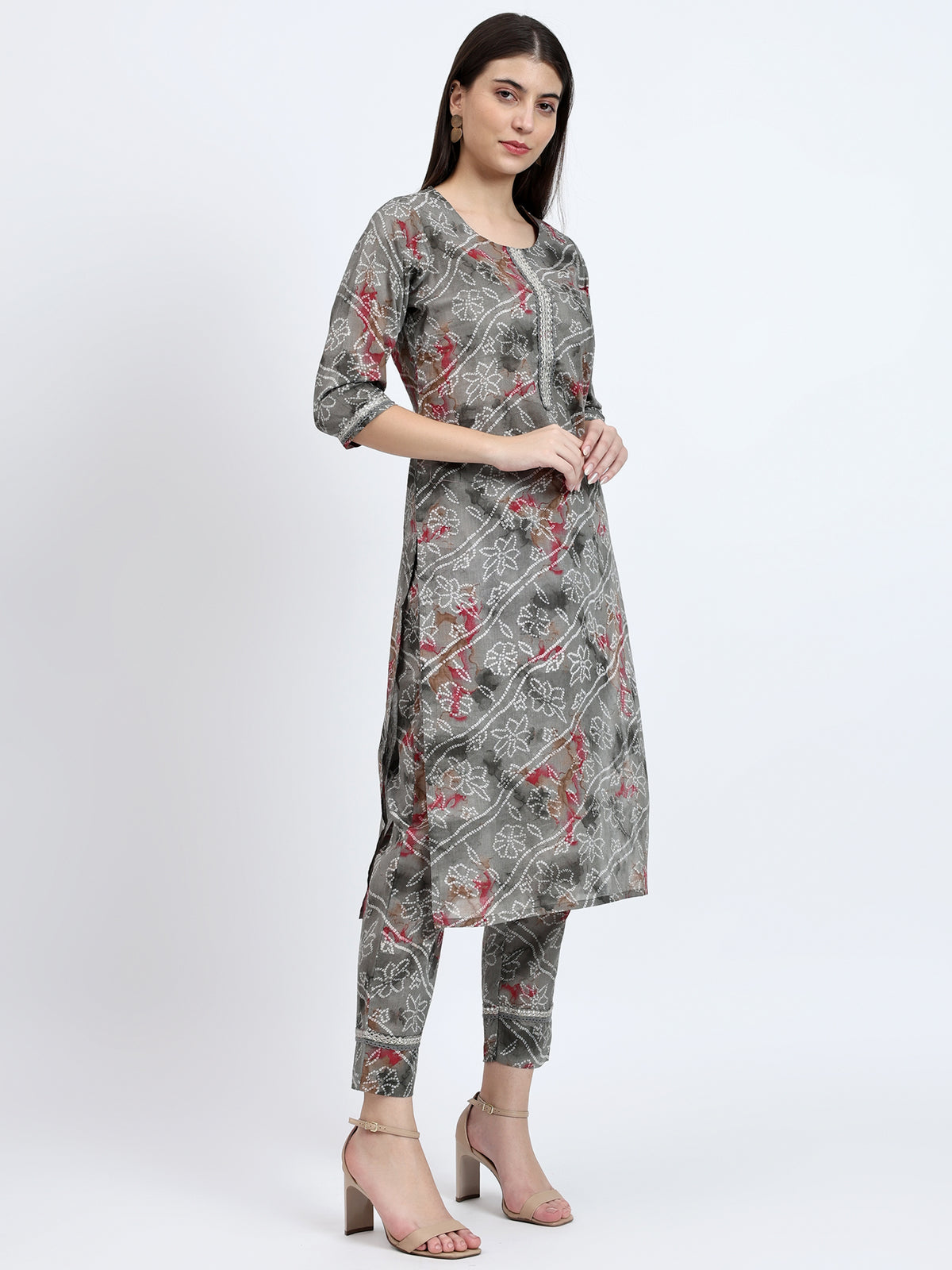 Bandhej Printed Mulmul 3 Pc Kurta Set with Embroidery
