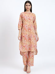 Beige High-Low Cotton Co-ord Set with Embroidery
