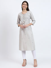Grey Cotton Satin Kurta with Intricate Yoke Embroidery