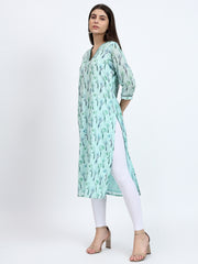 Floral Printed Mulmul Cotton Kurta with Kantha Detailing