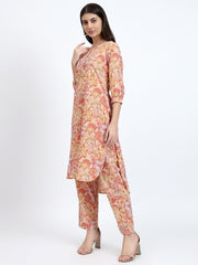 Beige High-Low Cotton Co-ord Set with Embroidery