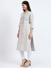 Grey Cotton Satin Kurta with Intricate Yoke Embroidery