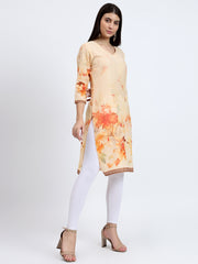 Printed V-Neck Cotton Kurta with Kantha Detail