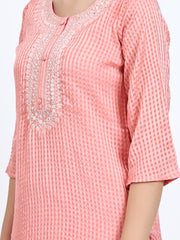 Peach Viscose Check Embroidered 3Pc Kurta Set