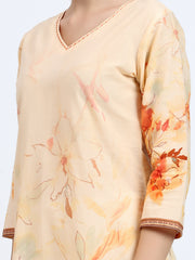 Printed V-Neck Cotton Kurta with Kantha Detail