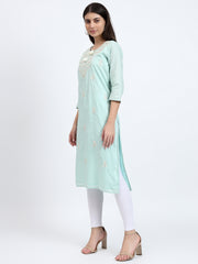 Mint Green Embroidered Cotton Dobby Kurta with Tassels