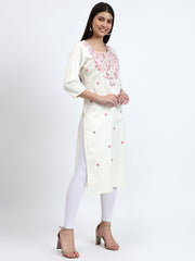 Off-White Embroidered Cotton Satin Kurta with Dori and Tassels