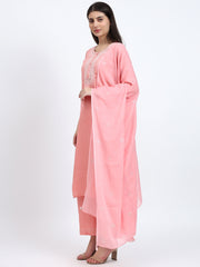 Peach Viscose Check Embroidered 3Pc Kurta Set