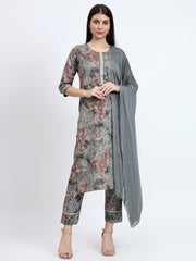 Bandhej Printed Mulmul 3 Pc Kurta Set with Embroidery