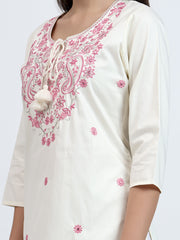 Off-White Embroidered Cotton Satin Kurta with Dori and Tassels