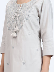 Grey Cotton Satin Kurta with Intricate Yoke Embroidery