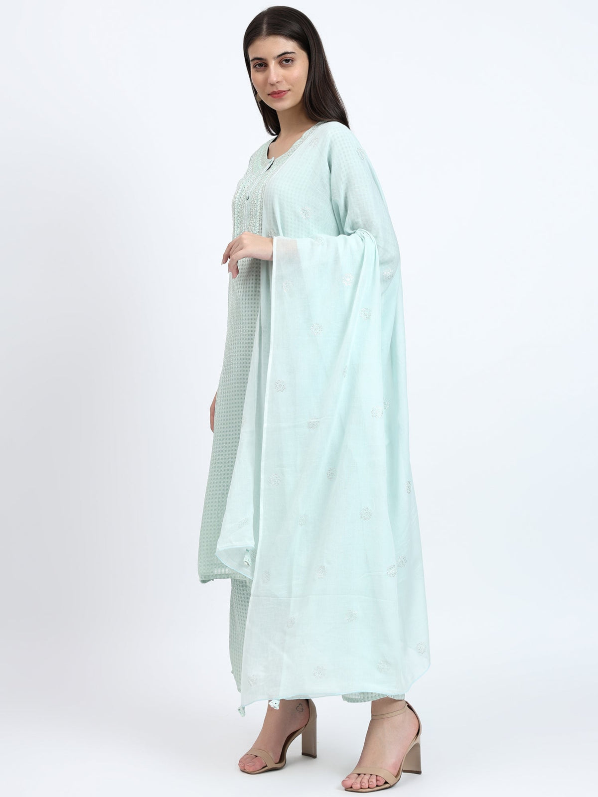 Peach Viscose Check Embroidered 3Pc Kurta Set