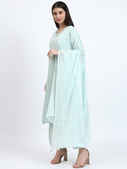 Peach Viscose Check Embroidered 3Pc Kurta Set