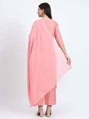 Peach Viscose Check Embroidered 3Pc Kurta Set