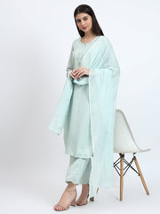 Peach Viscose Check Embroidered 3Pc Kurta Set