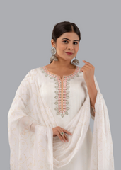 White Chanderi Embroidered Kurta Pant Set with Fancy Dupatta